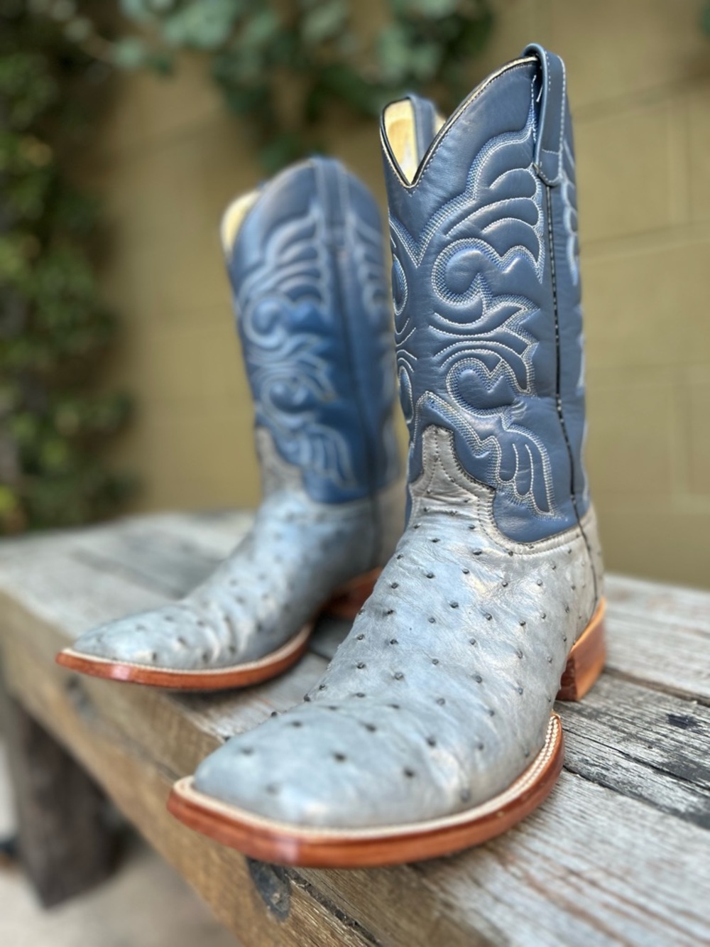 Handmade Gray Ostrich & Blue Square Toe Cowboy Boots Size 10D - Picture 15 of 15